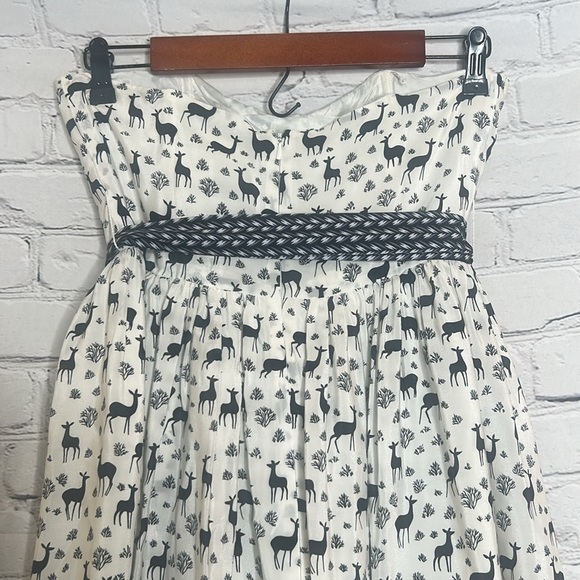 Anna Sui White Blue Strapless Deer Print Belted Silk Dress Size 4 - Picture 6 of 10